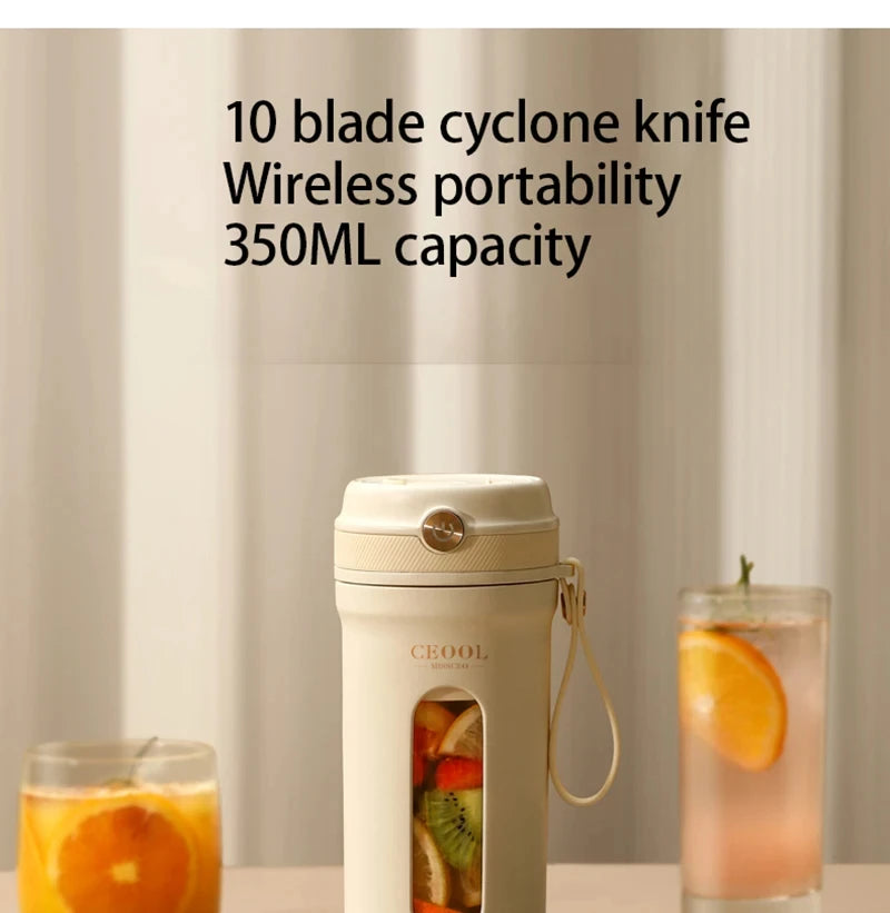 Off-white portable 350ml wireless blender with a visible fruit-filled chamber and hanging strap.