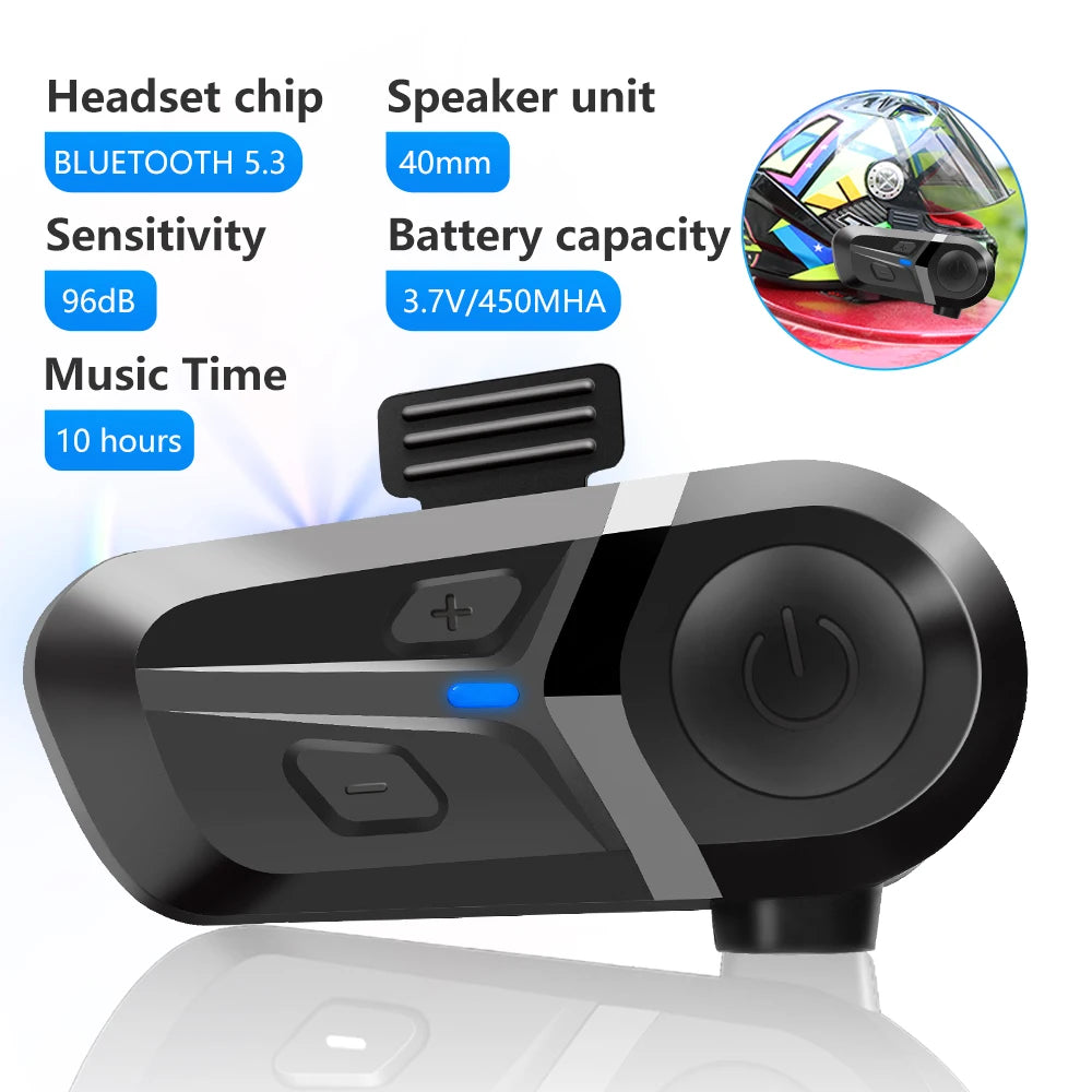 Sleek black wireless motorcycle helmet headset with Bluetooth 5.3 and easy-access control buttons.