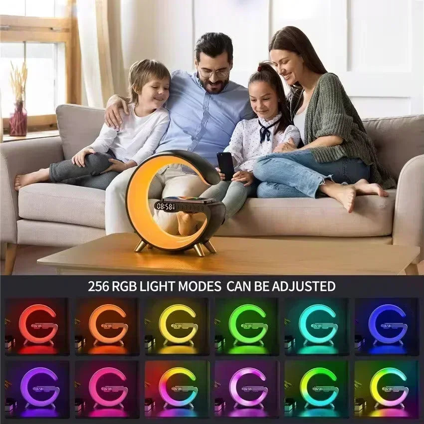 G-shaped wireless charging stand with Bluetooth speaker, LED alarm clock, and customisable RGB light modes.