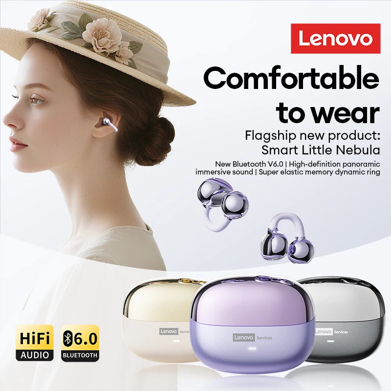 Woman wearing unique, glossy, purple ear-cuff style wireless earbuds, shown with matching metallic charging cases.