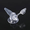 Clear plastic conical centrifuge tube with an open hinged lid and suction cup base on a black background.