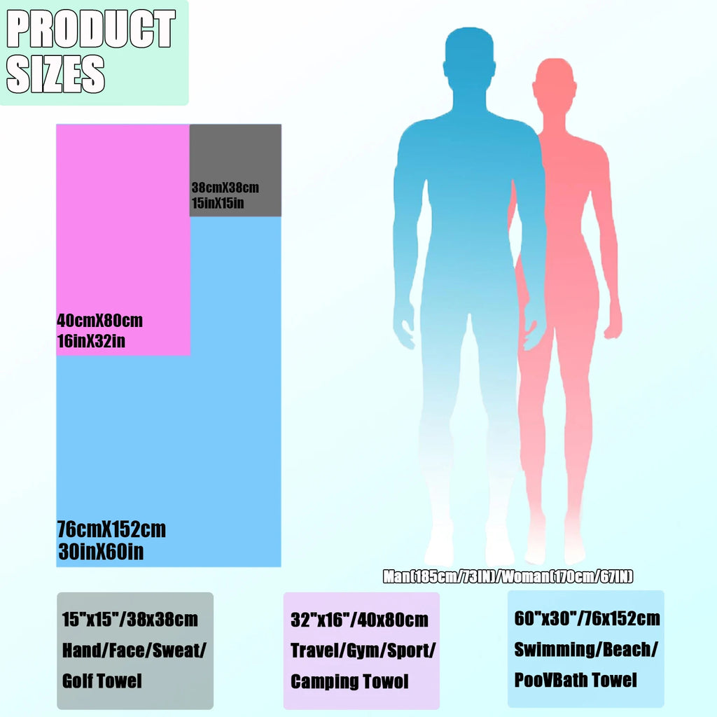 Size guide for towels showing dimensions for hand, travel, and bath towels with silhouettes for scale.