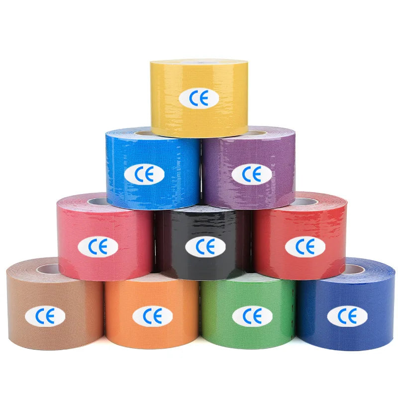 A pyramid stack of ten colourful kinesiology tape rolls, each featuring a white CE mark sticker.