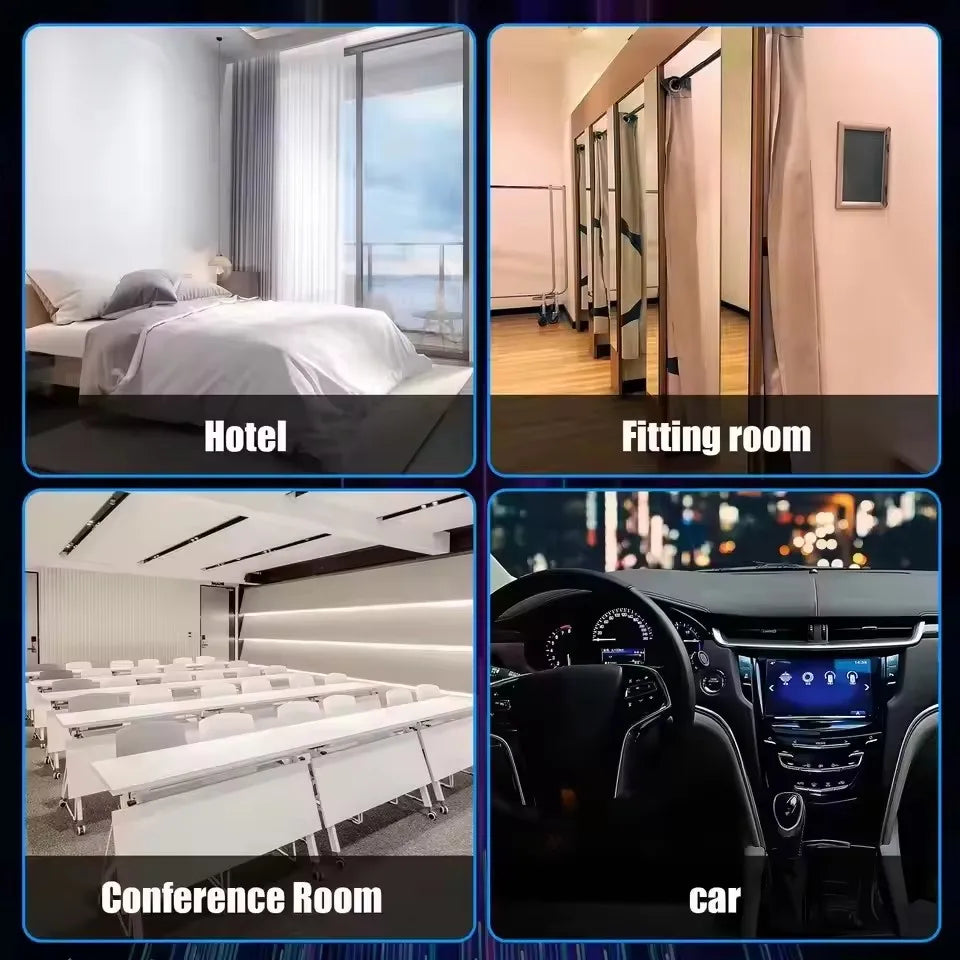 Four-panel grid showing a hotel, fitting room, conference room, and car interior for bug and signal detector use.
