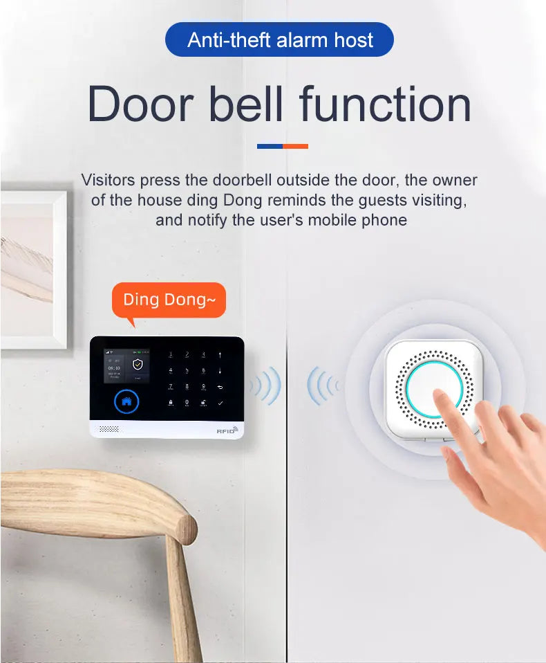 White smart security alarm system with black touch-screen console and wireless doorbell button being pressed by a hand.
