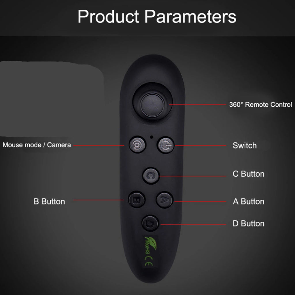 Black handheld VR remote control featuring a 360-degree joystick and multiple function buttons for easy navigation.