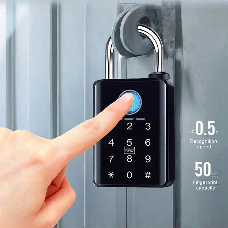 Black metal smart padlock with chrome shackle, featuring a fingerprint scanner, keypad, and RFID card reader.