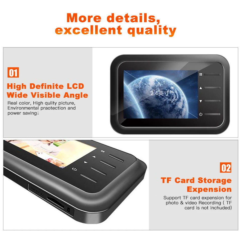 Black 2.4-inch digital door peephole camera with an LCD screen, control buttons, and a side-loading microSD card slot.