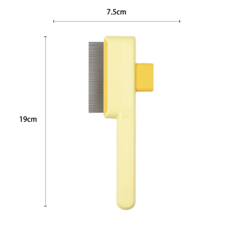Pale yellow pet grooming comb with metal teeth, measuring 7.5cm by 19cm.