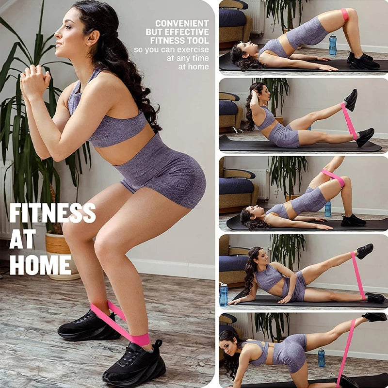 A woman in purple gym wear demonstrates home exercises using a pink resistance band around her legs.