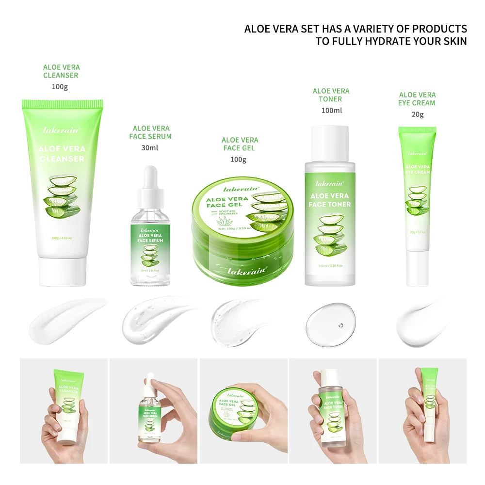 Five-piece aloe vera skincare set featuring a cleanser, serum, gel, toner, and eye cream with refreshing green branding.