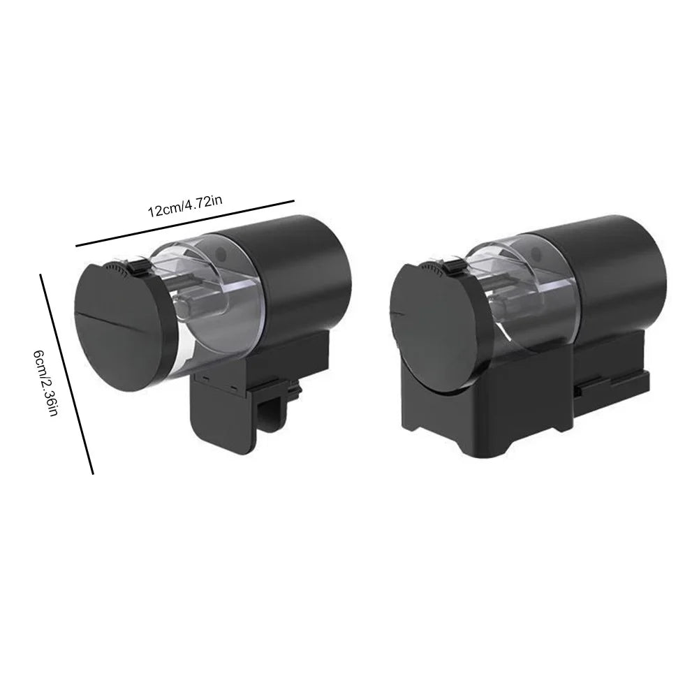 Two black automatic pet feeders with transparent food containers, showing dimensions of 12cm by 6cm.