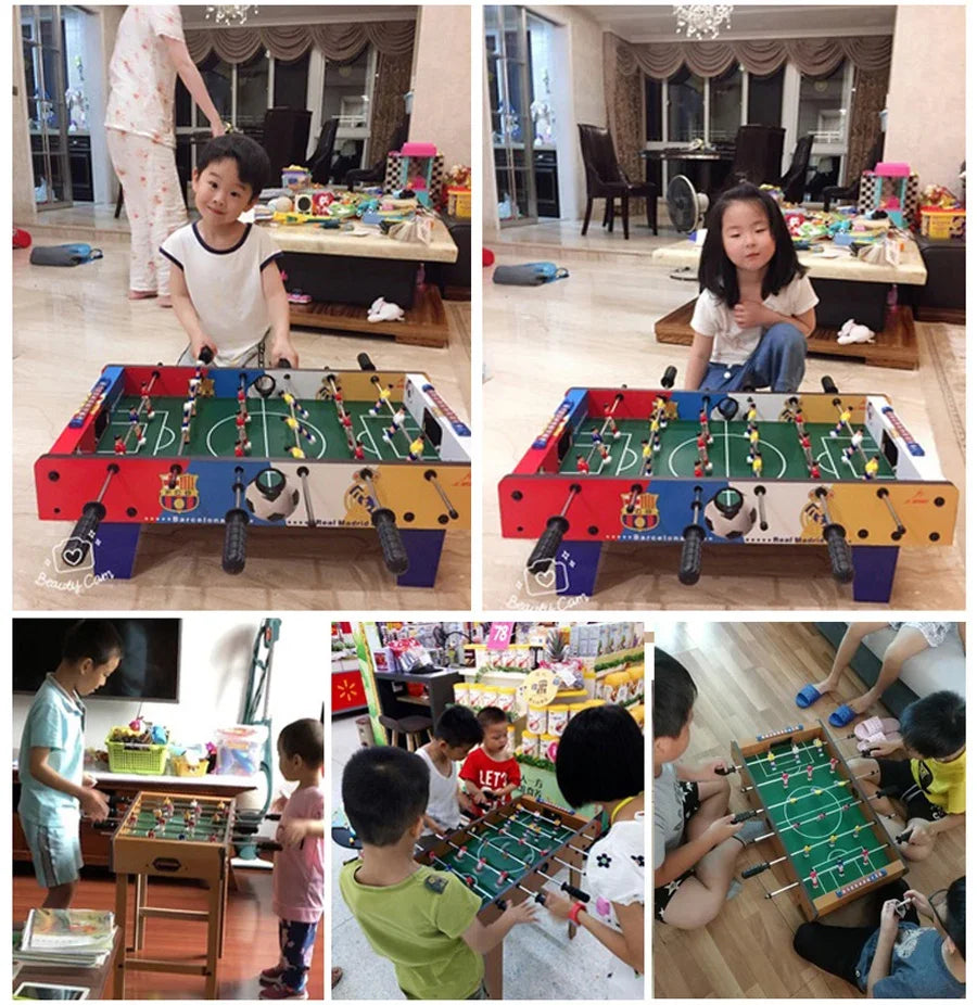 Tabletop foosball game with colourful pitch, ergonomic handles, and player figurines for interactive family play.