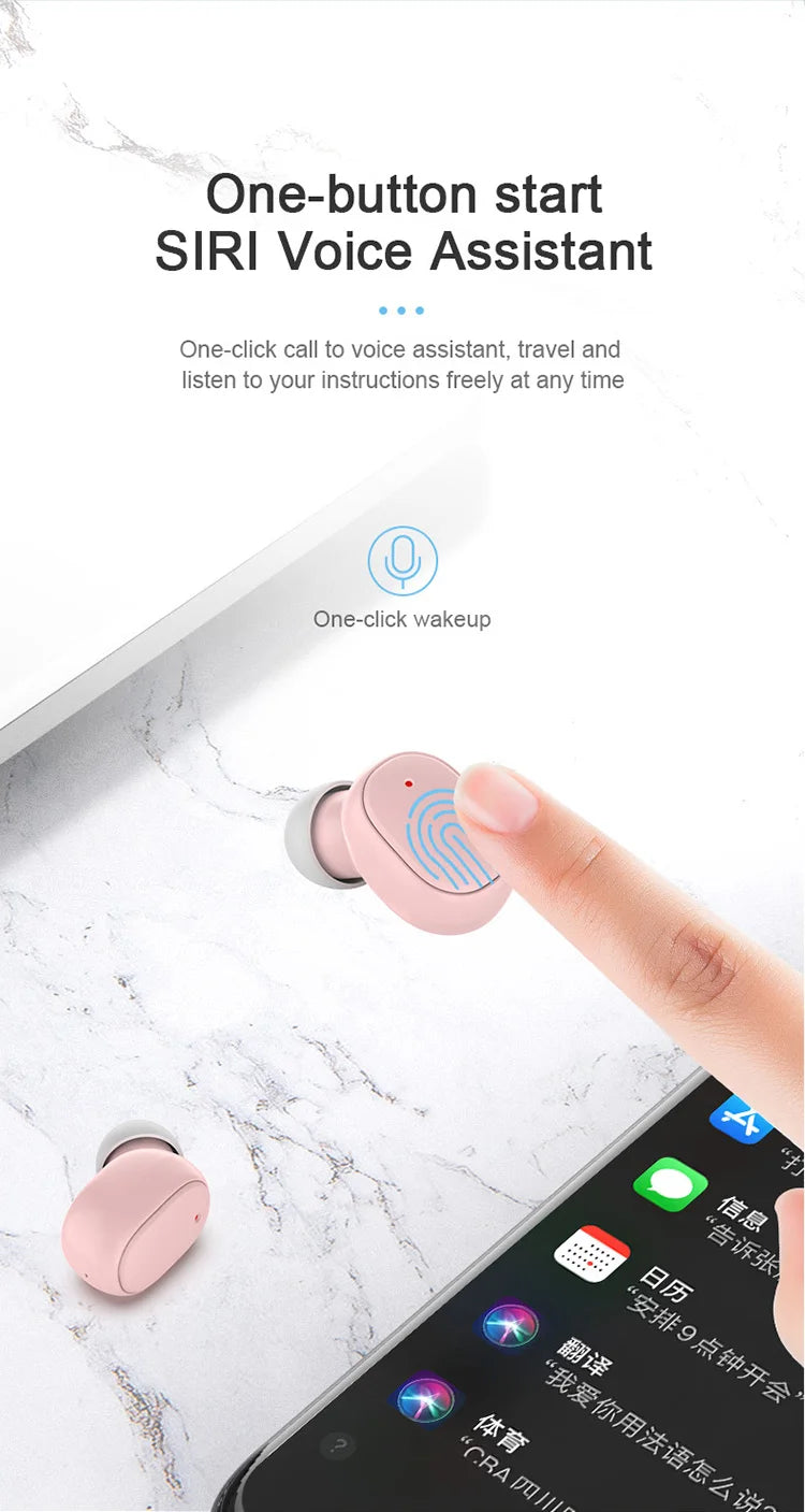 Pink wireless earbuds on a marble background; a finger touches the surface of one earbud to activate voice control.