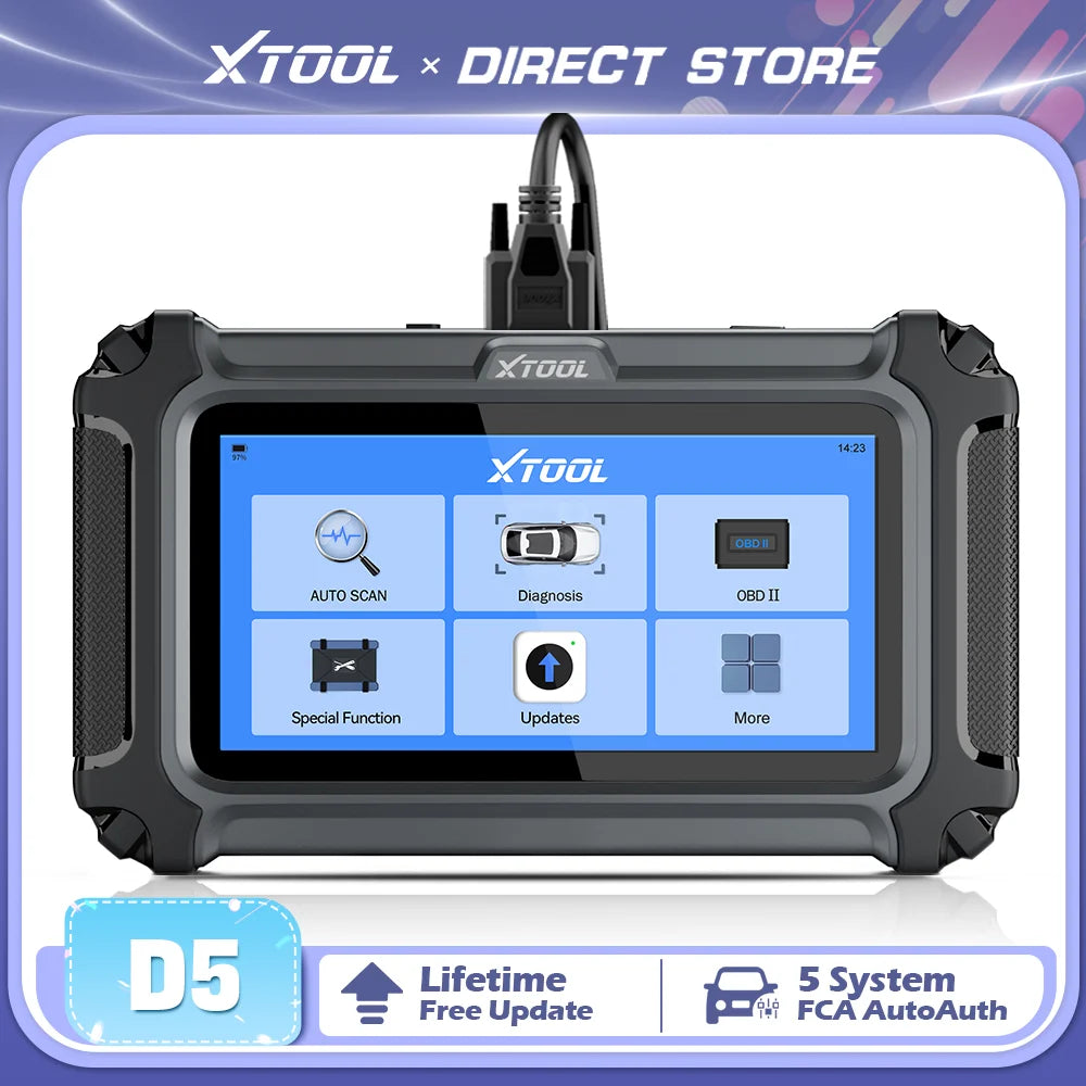 XTOOL D5 gray OBD2 car diagnostic scanner with a touchscreen showing diagnostic menus and an attached cable.