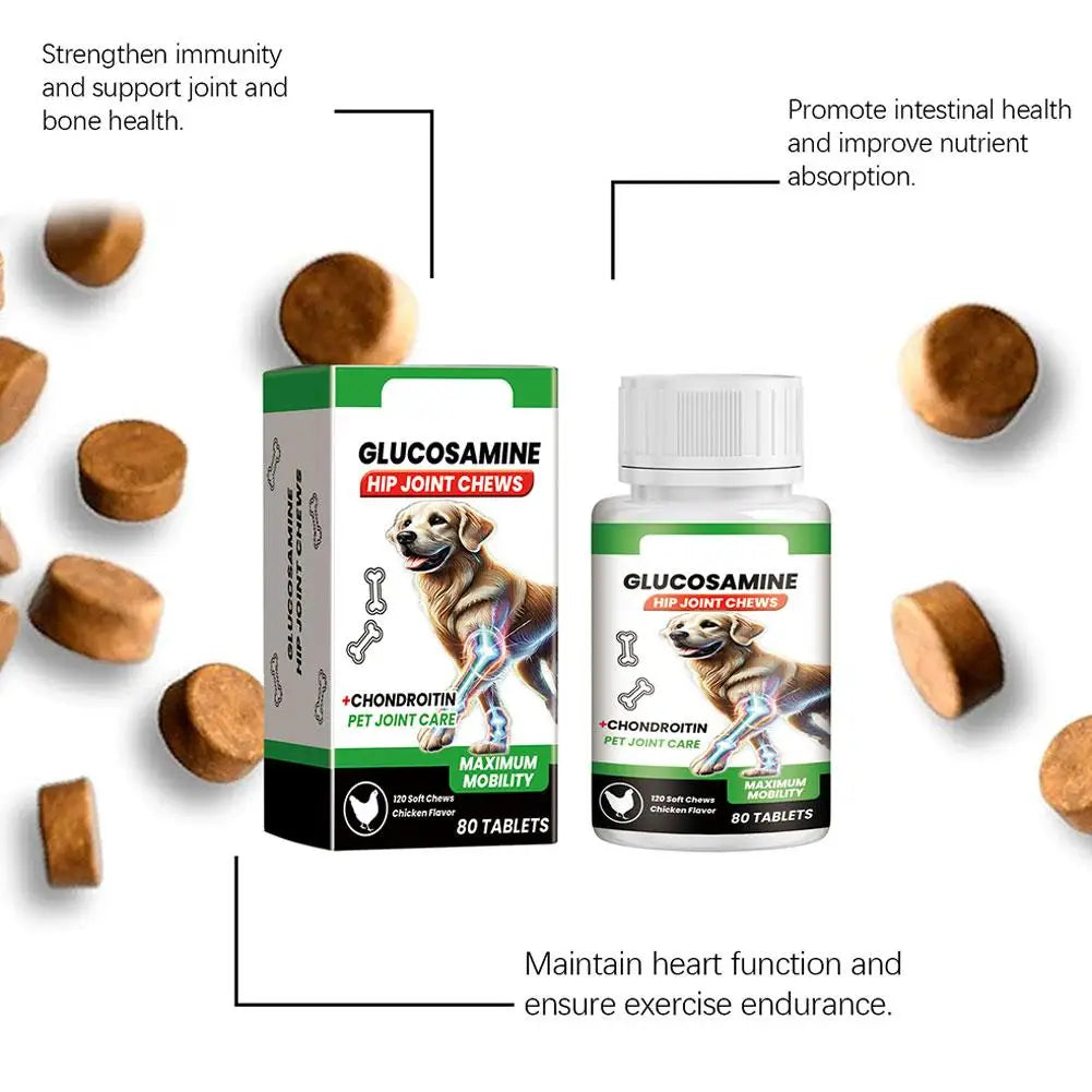Glucosamine hip and joint chew tablets for dogs, featuring a green and white bottle with a golden retriever image.