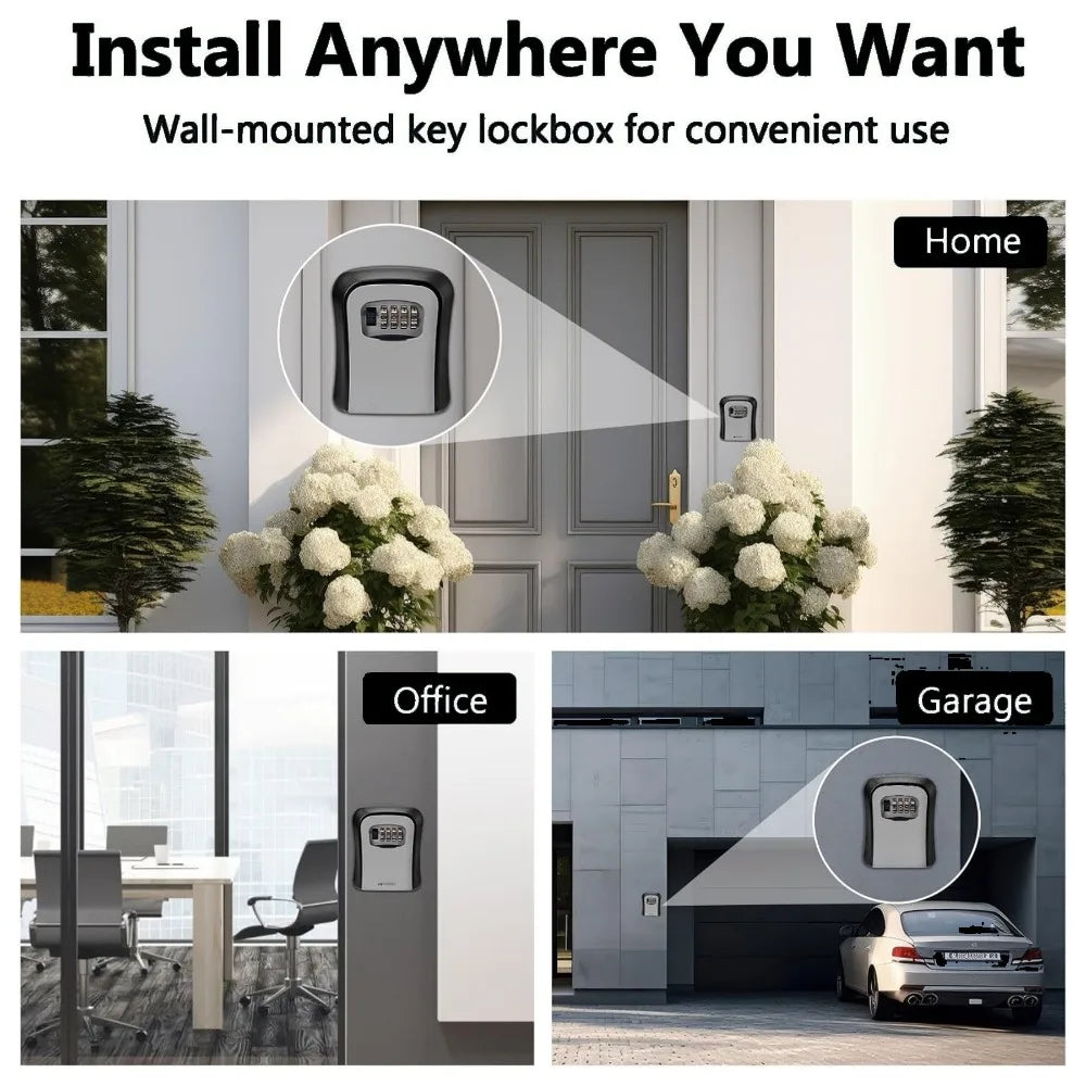 Silver and black metal wall-mounted key lockbox with a combination dial, shown installed at home, office, and garage.
