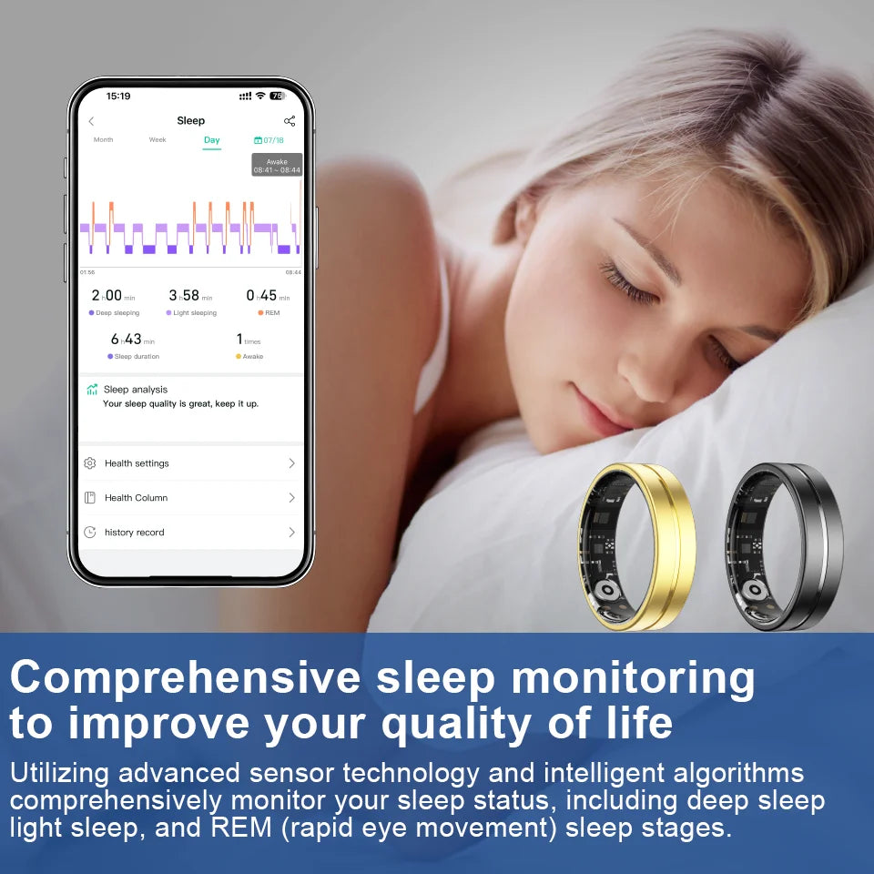 A woman sleeps beside a smartphone app showing sleep data, next to gold and black smart fitness tracking rings.