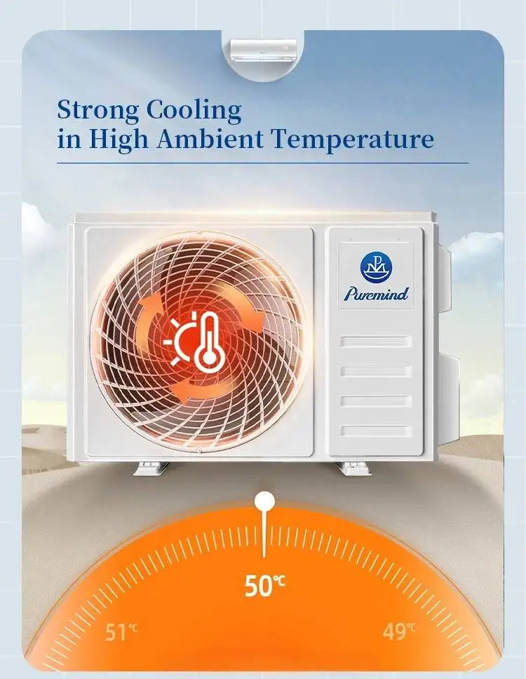 White smart inverter split AC outdoor unit on a desert background, showing high-temperature performance up to 50°C.