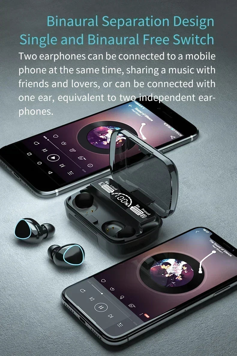 Black wireless earbuds with blue light accents and a charging case with a digital battery display, next to smartphones.