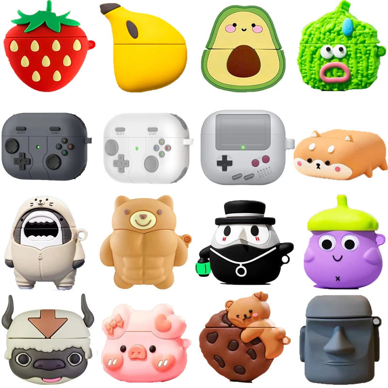 Assorted silicone novelty cases for Apple AirPods, featuring fun food, animal, and retro gaming designs.