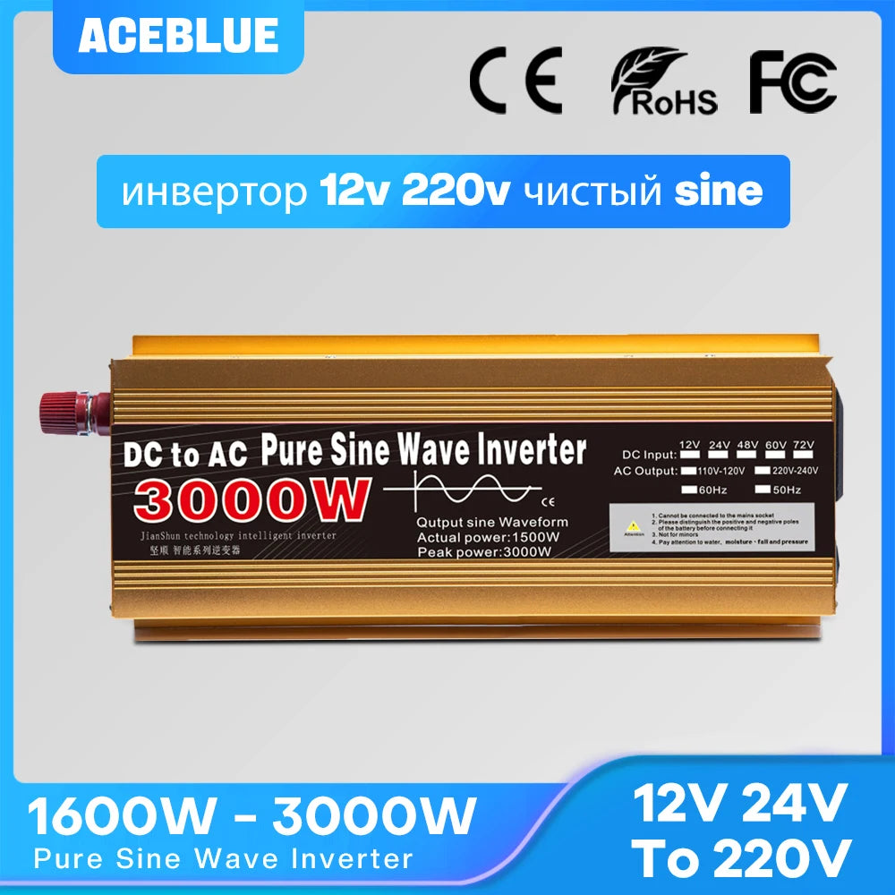 Gold-coloured 12V to 220V pure sine wave power inverter with a 3000W peak output and prominent technical labelling.