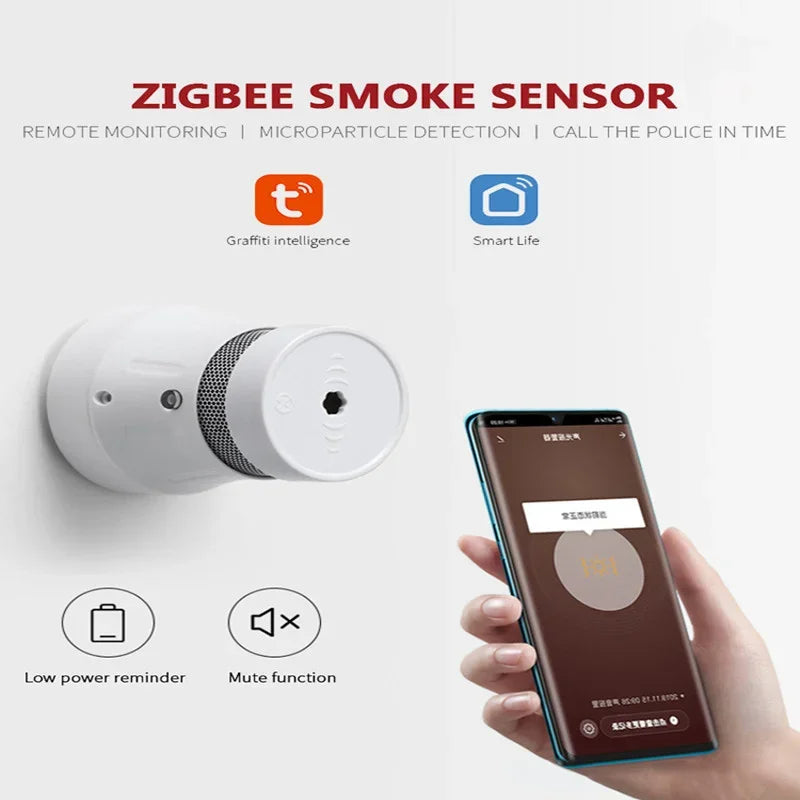White, cylindrical smart smoke detector with remote monitoring, low battery alerts, and mute functions on a smartphone.