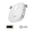 A white robotic vacuum with side brushes, power button, USB cable, and adhesive strip.