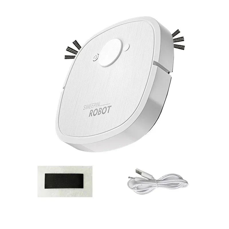 A white robotic vacuum with side brushes, power button, USB cable, and adhesive strip.