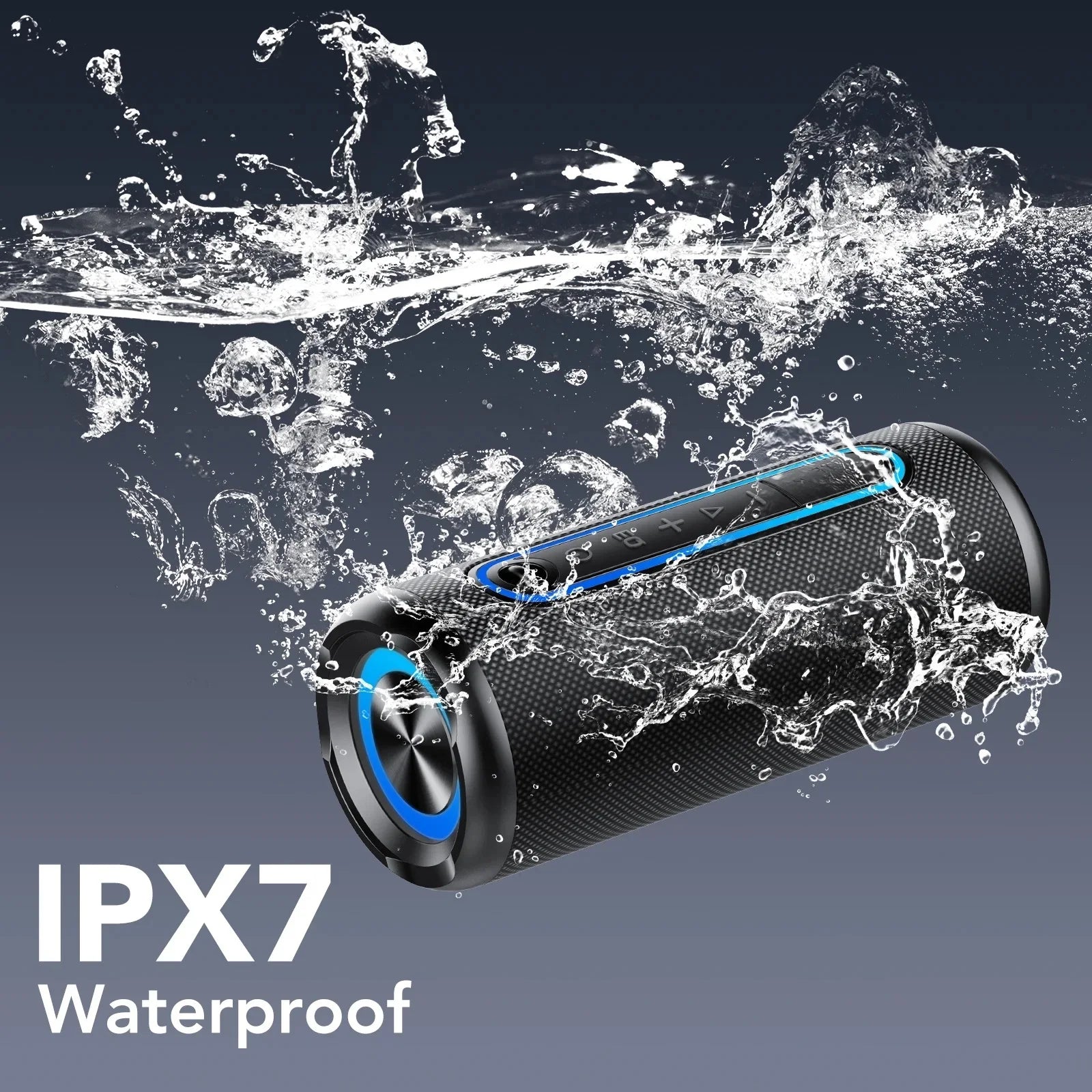 Black cylindrical waterproof Bluetooth speaker with blue LED accent lighting, submerged in water with visible splashes.