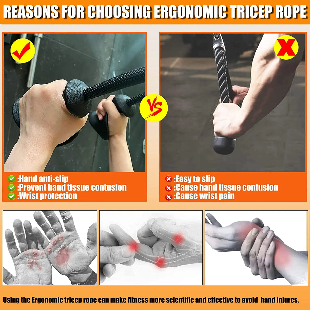 An infographic comparing ergonomic tricep rope with a traditional rope, highlighting advantages and injuries.