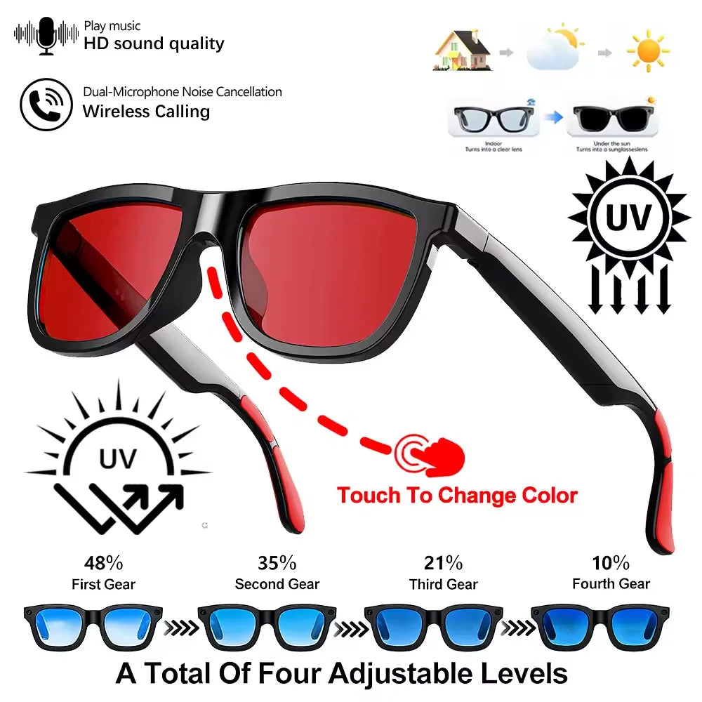 Black smart sunglasses with adjustable red-tinted lenses, Bluetooth audio, noise cancellation, and UV protection.
