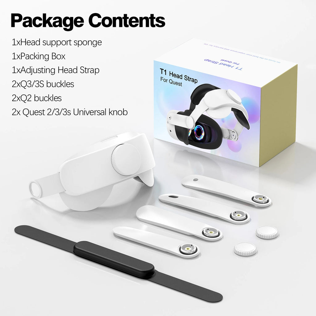 White adjustable VR headset strap with padding, buckles, and accessories shown with retail box on a white background.