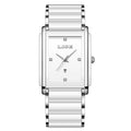LIGE white rectangular quartz watch with crystal hour markers, silver hands, date window, and ceramic strap.