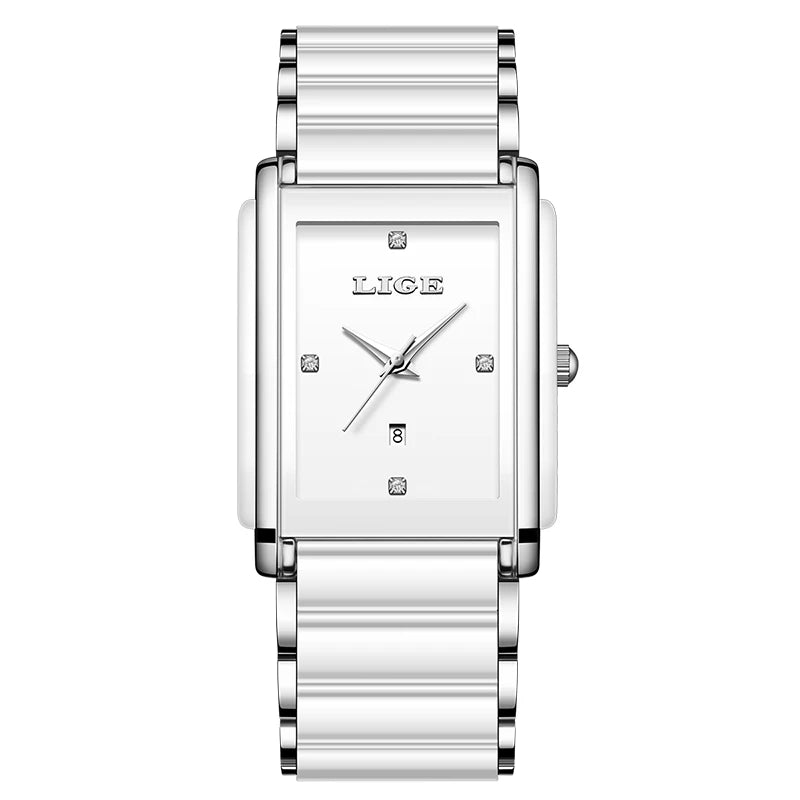 LIGE white rectangular quartz watch with crystal hour markers, silver hands, date window, and ceramic strap.