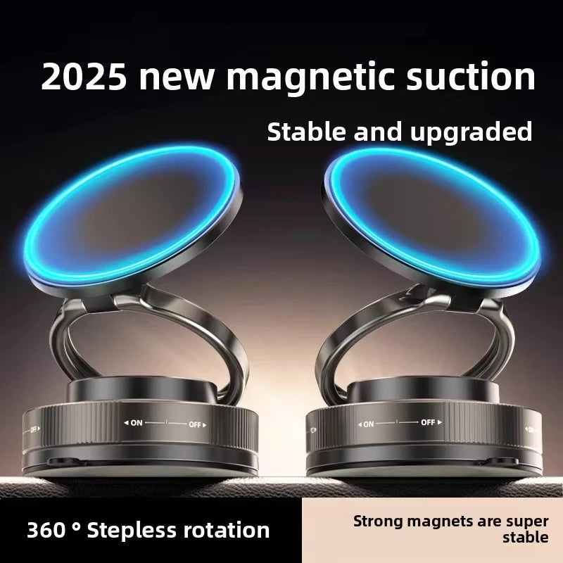 Two black magnetic phone holders with circular bases and blue glowing ring heads, featuring 360-degree rotation.