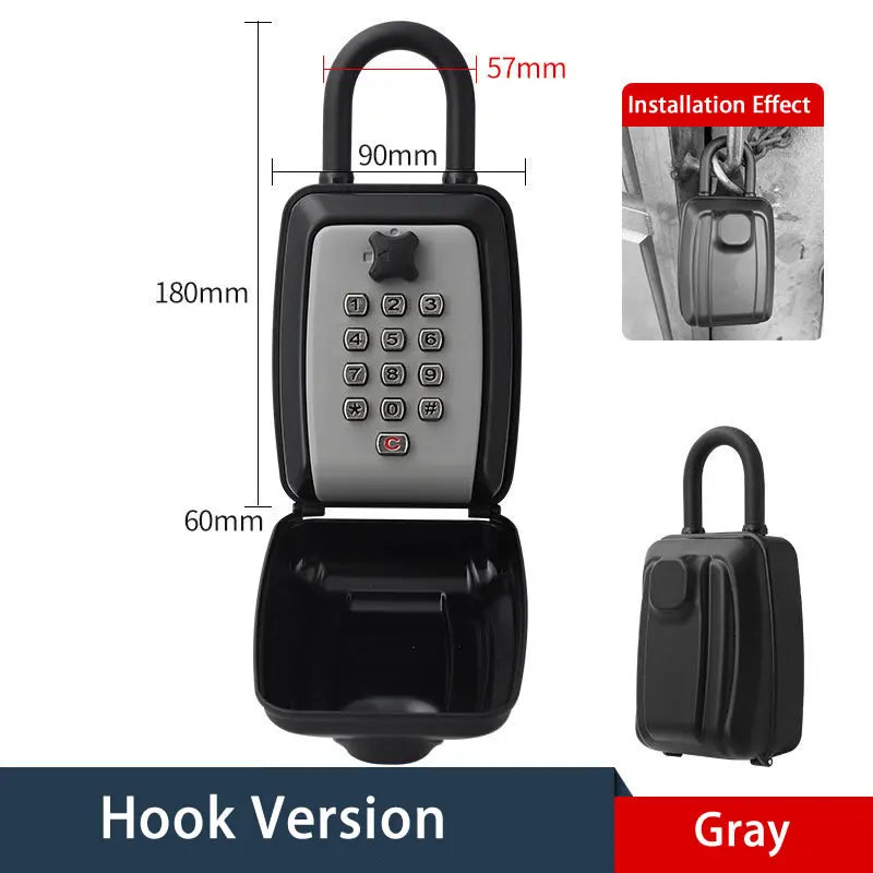 Gray plastic portable key lock box with a metal shackle, numeric keypad, and open storage compartment.