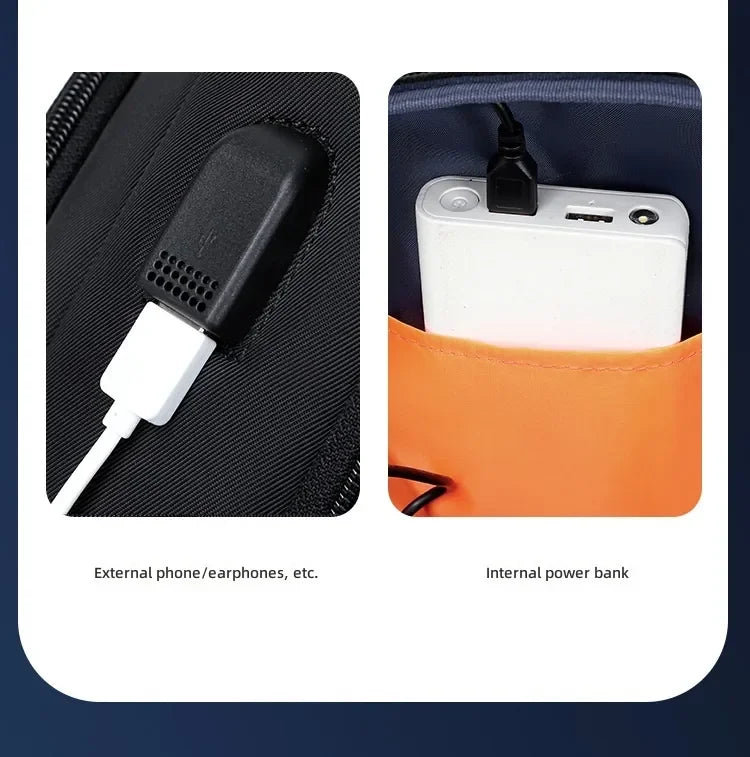 Close-up of a black travel bag showing an external USB charging port and an internal pocket for a power bank.