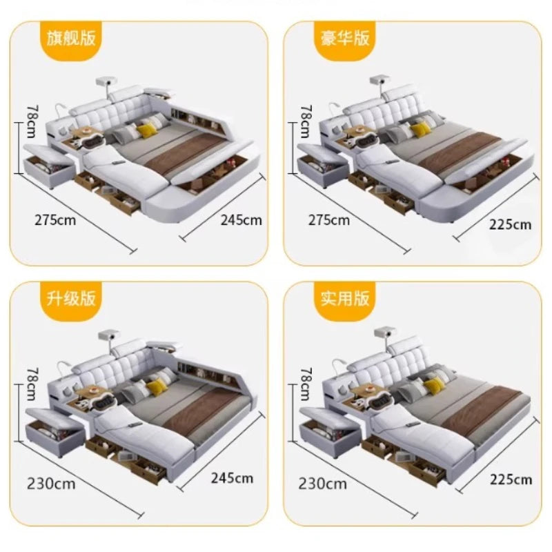 White genuine leather multi-functional bed frame with integrated storage, side tables, and tufted headboard.