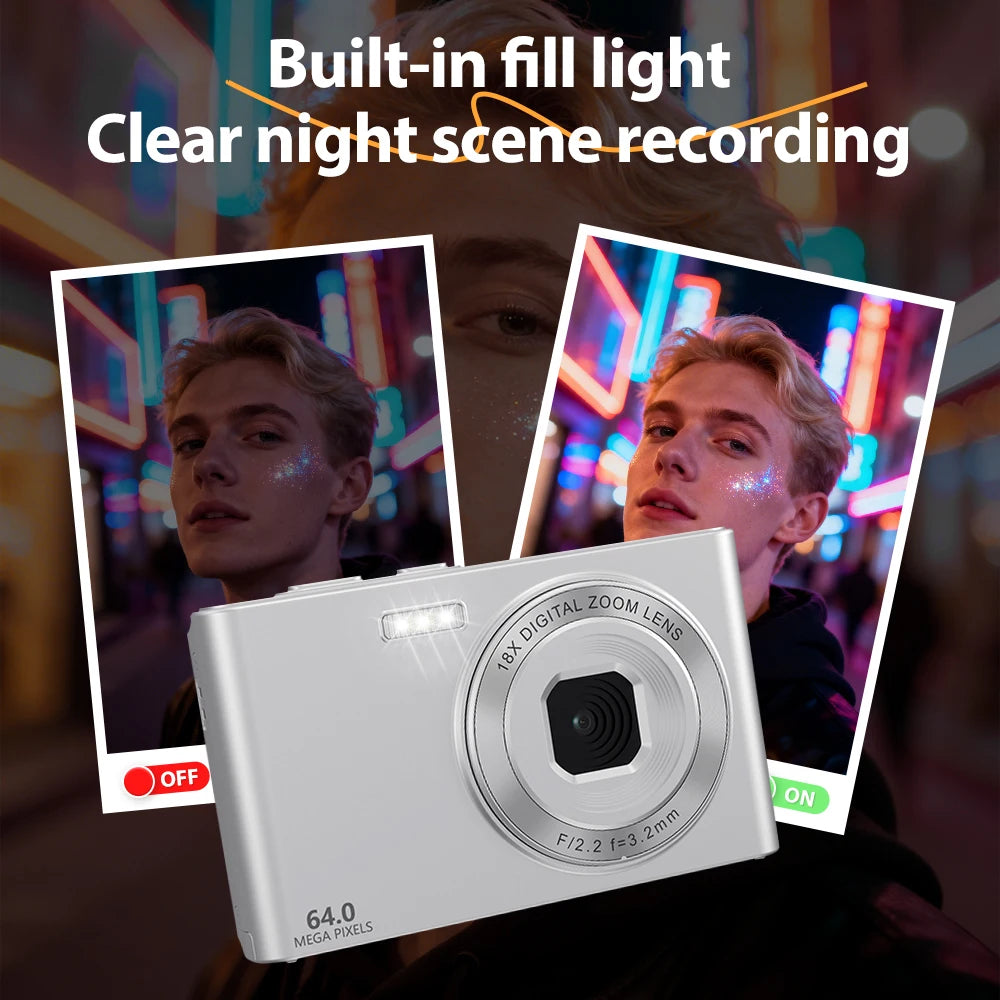 Silver digital camera with 64MP lens, 18x digital zoom, and a built-in LED fill light for low-light photography.