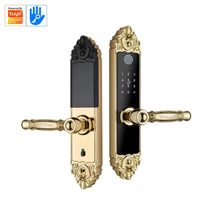Gold-colored metal smart door lock with black touch keypad, fingerprint scanner, and ornate carved details.