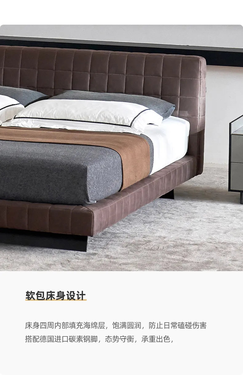 Modern Nordic upholstered bed frame in brown, featuring a padded grid-stitched headboard and sleek black base.