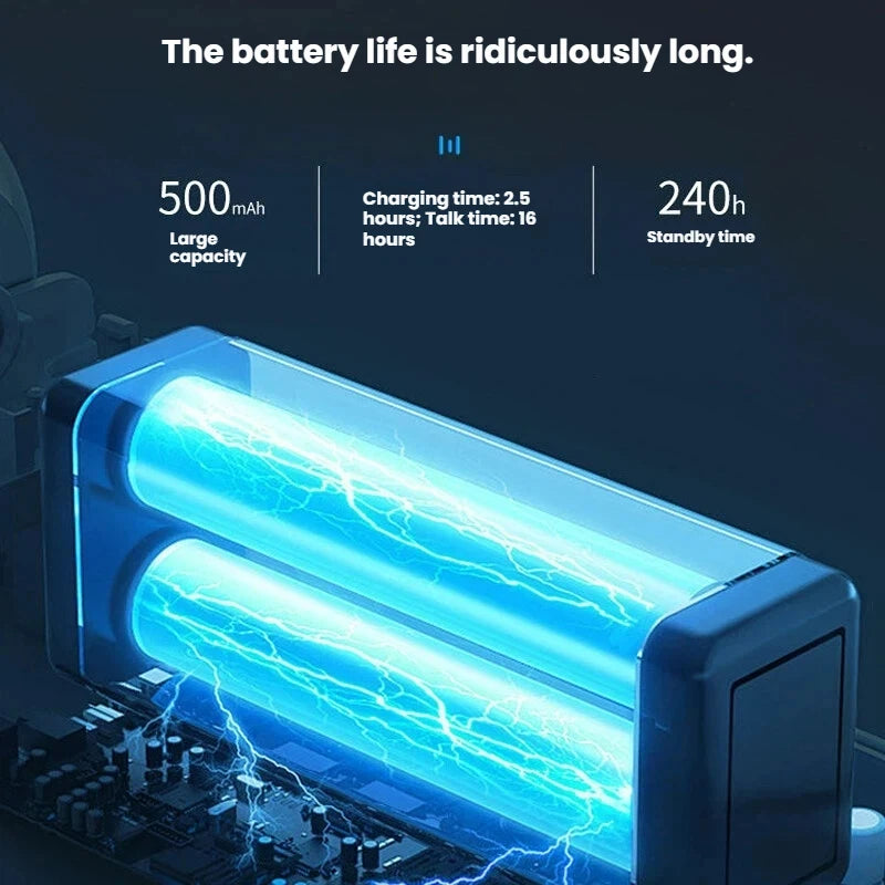 Blue battery module for helmet headset featuring glowing electric effects and technical performance specs.