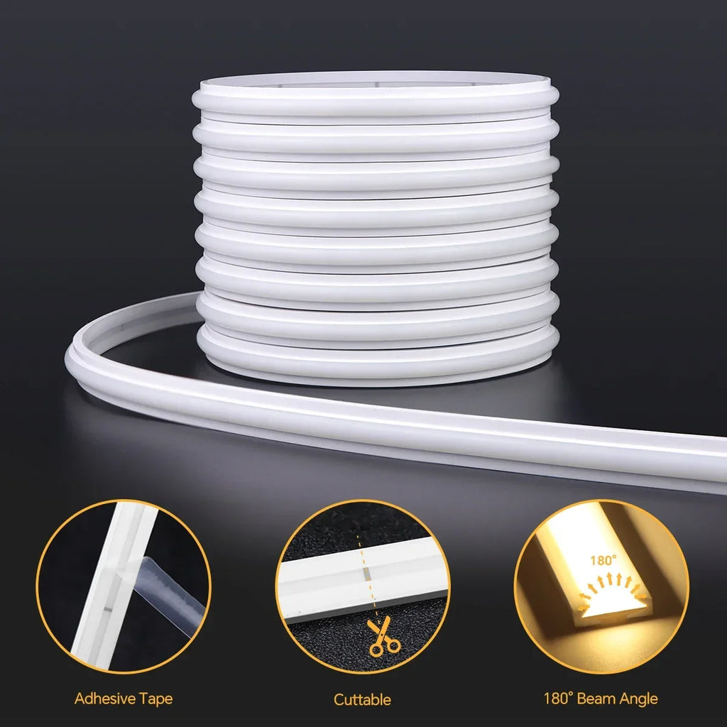 A coiled white LED neon strip light featuring adhesive backing, a cuttable design, and a wide 180° beam angle.