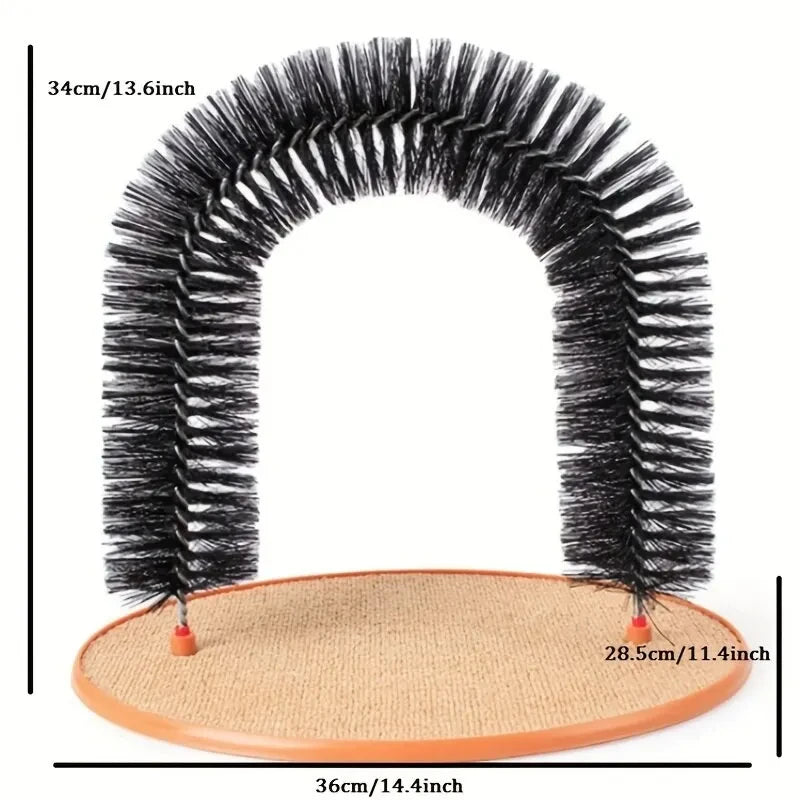 Black cat self-grooming arch with a textured beige scratching base on an orange frame.