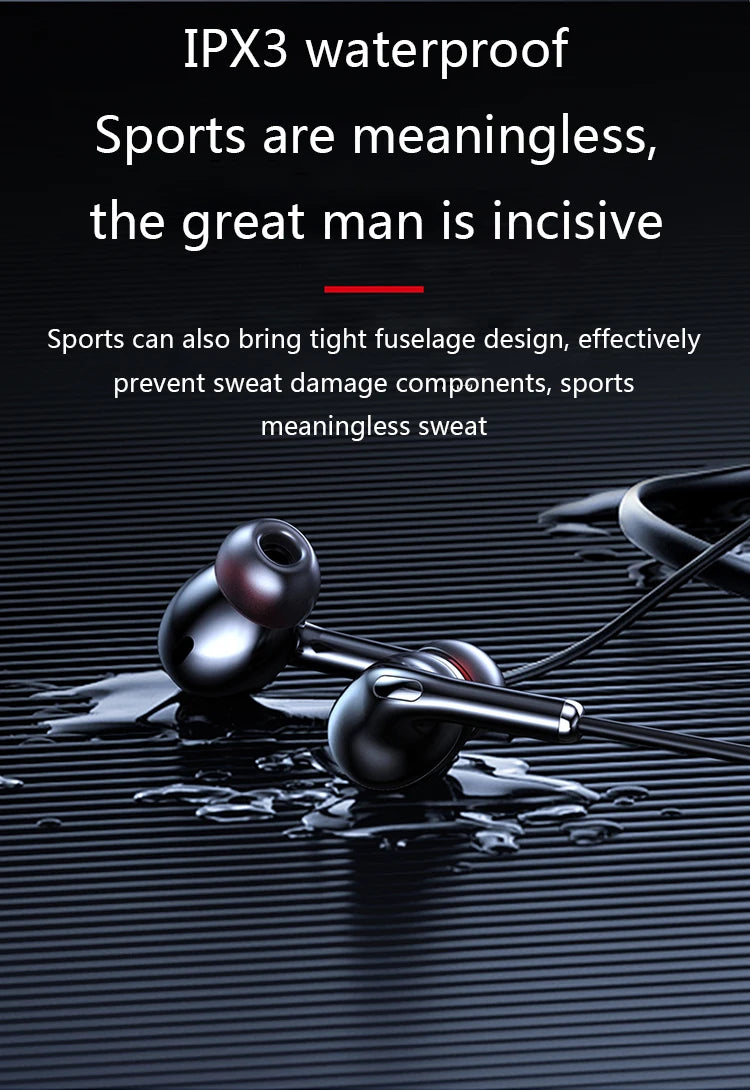 Black wireless magnetic neckband headphones with noise cancellation, shown against a wet, dark background.