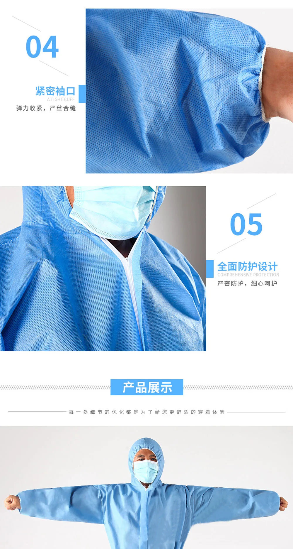 Blue protective isolation gown featuring an elastic cuff, hooded design, and zippered front for comprehensive coverage.