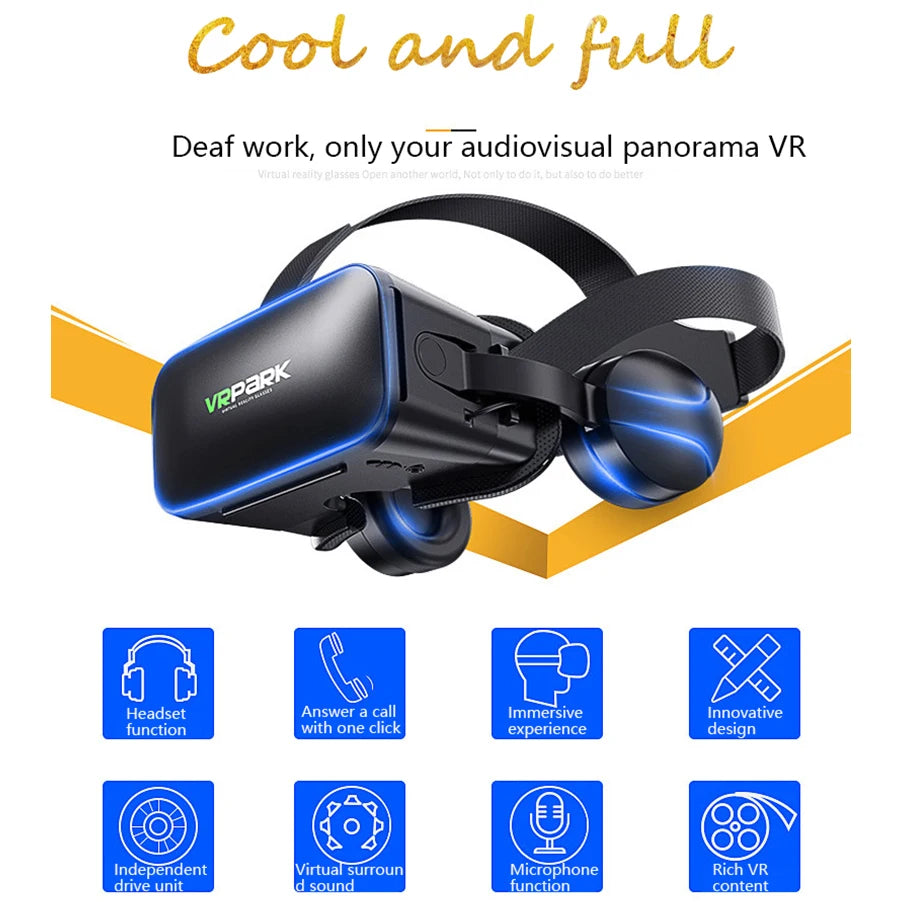 Black 3D VR headset with built-in headphones, adjustable straps, and glowing blue neon accent lights.