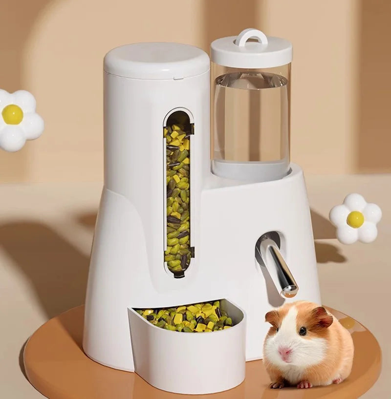 White pet feeder and water dispenser for small animals, featuring a modern, minimalist design and a cute guinea pig.
