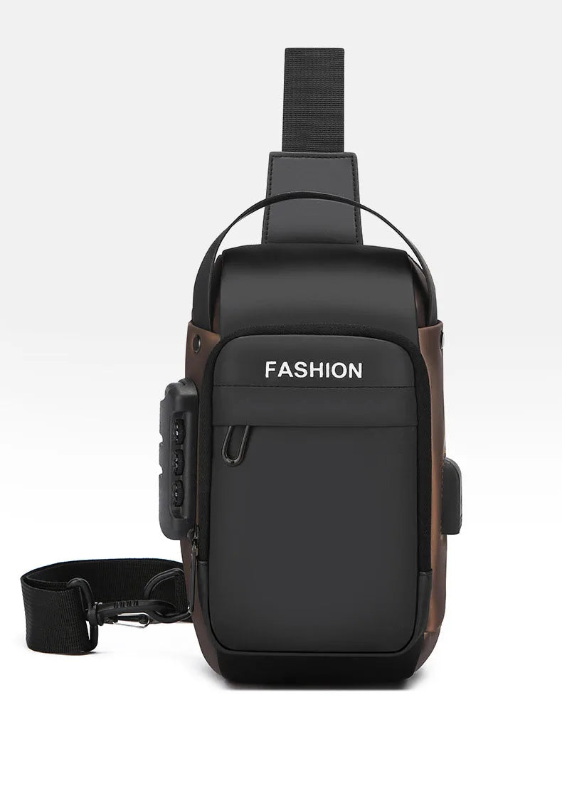 Black anti-theft crossbody sling bag with a combination lock, USB charging port, and adjustable shoulder strap.